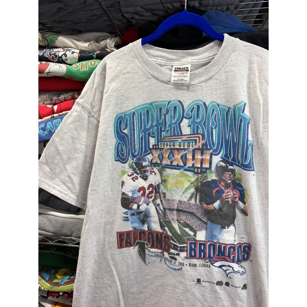 Vintage 1999 Super Bowl XXXIII T Shirt Mens XL Tultex Broncos vs Falcons Gray